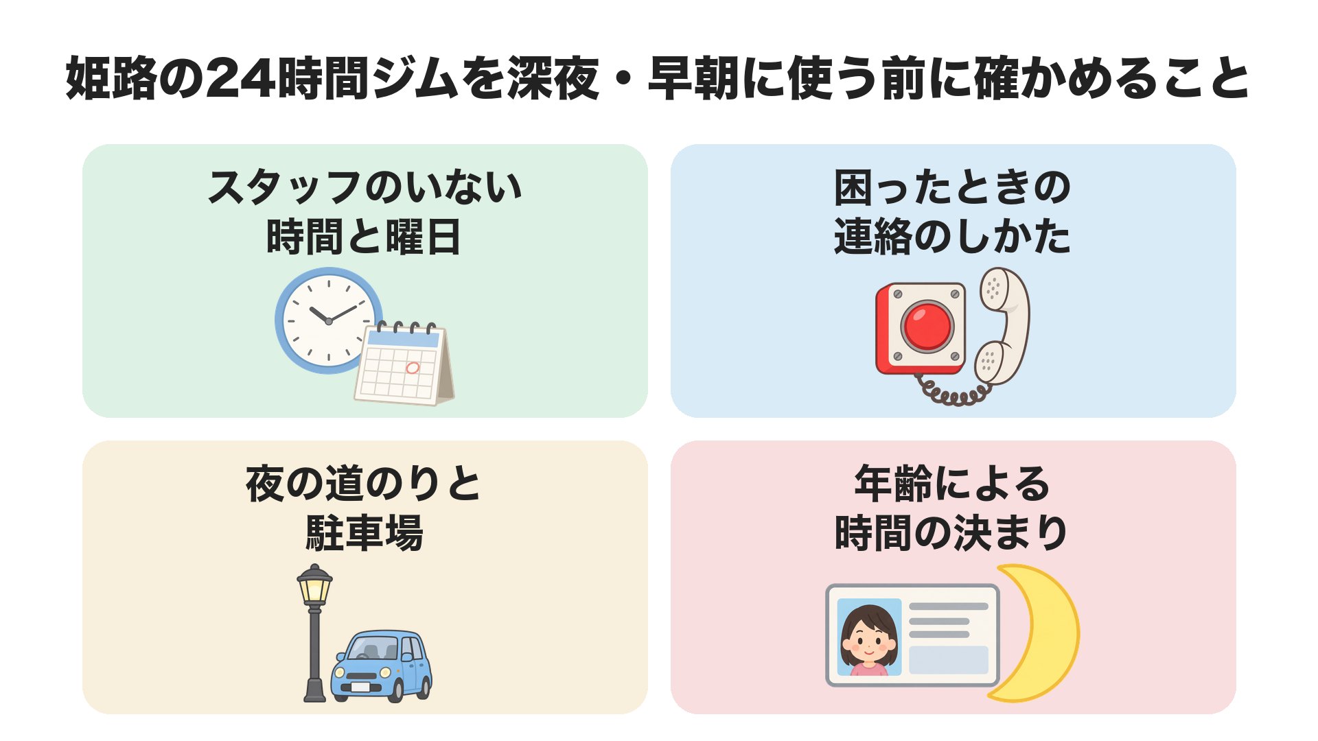 姫路の24時間ジムを深夜・早朝に使う前に確かめること。スタッフのいない時間と曜日、困ったときの連絡のしかた、夜の道のりと駐車場、年齢による時間の決まり