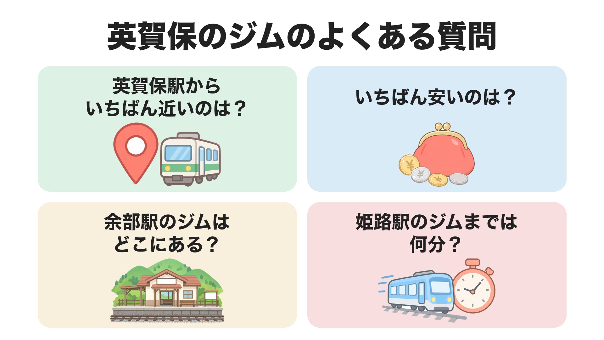 英賀保のジムのよくある質問。英賀保駅からいちばん近いのは、いちばん安いのは、余部駅のジムはどこにあるか、姫路駅のジムまでは何分か