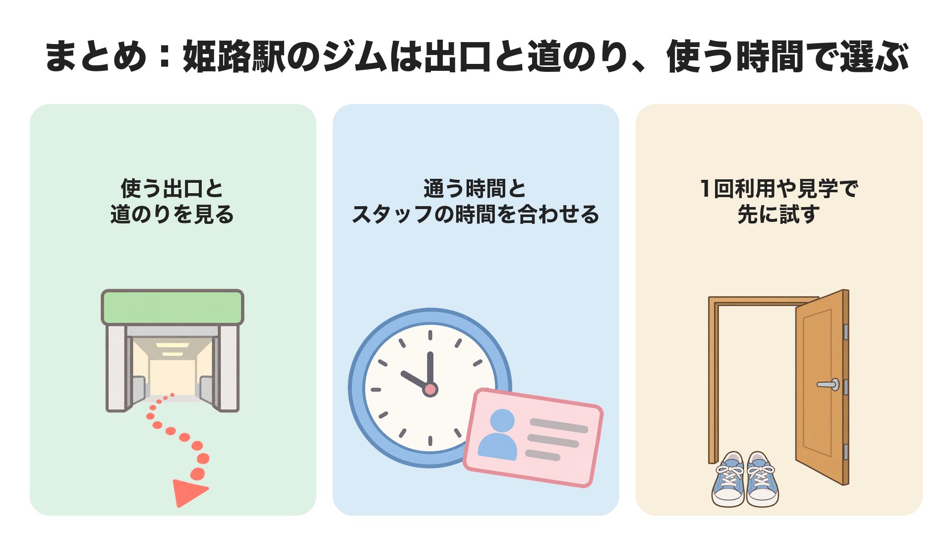 まとめ。姫路駅のジムは出口と道のり、使う時間で選ぶ。使う出口と道のりを見る、通う時間とスタッフの時間を合わせる、1回利用や見学で先に試す