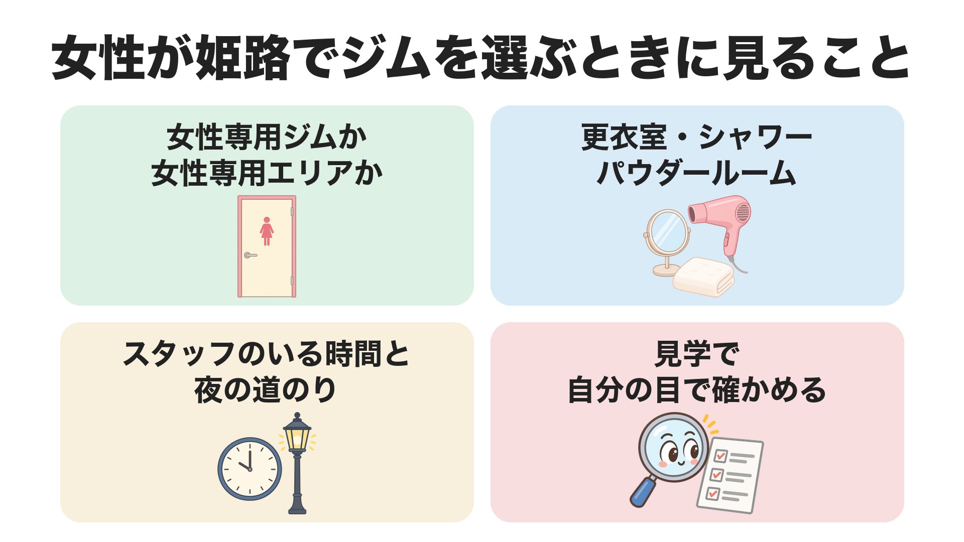 女性が姫路でジムを選ぶときに見ること。女性専用ジムか女性専用エリアか、更衣室・シャワー・パウダールーム、スタッフのいる時間と夜の道のり、見学で自分の目で確かめる