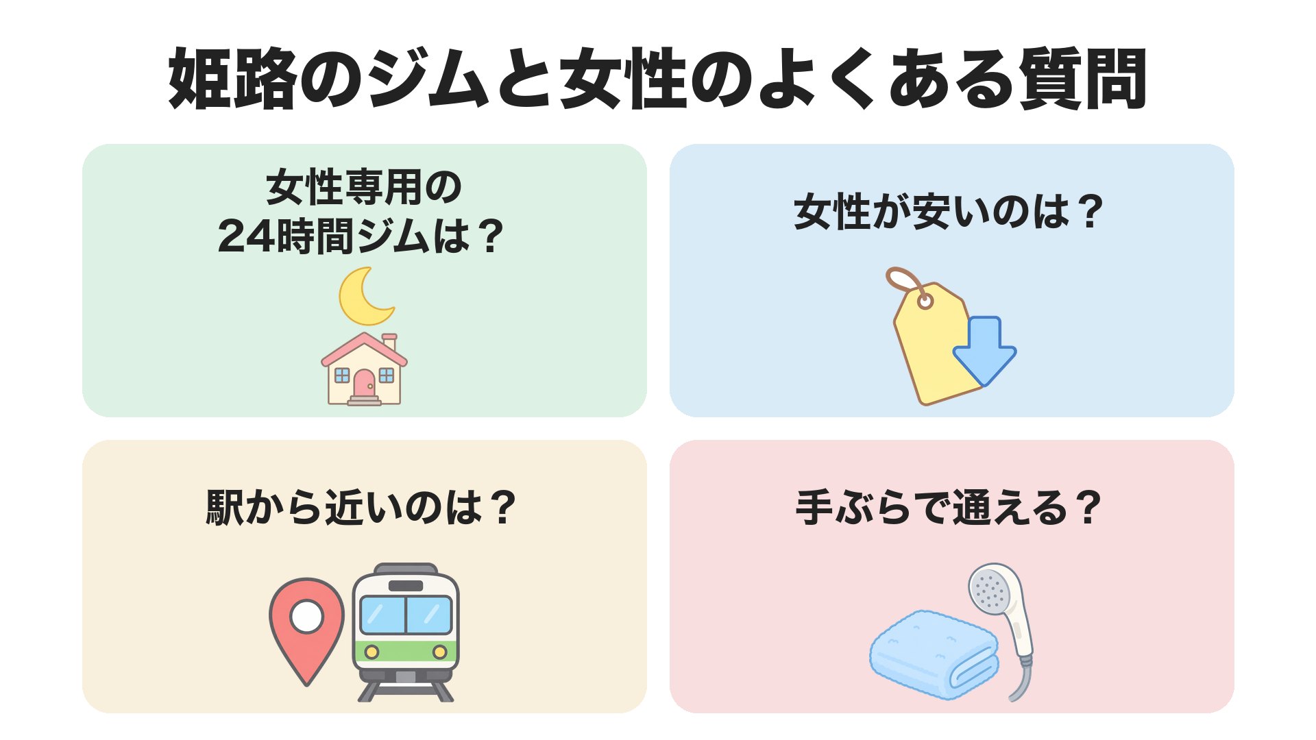 姫路のジムと女性のよくある質問。女性専用の24時間ジムは、女性が安いのは、駅から近いのは、手ぶらで通える