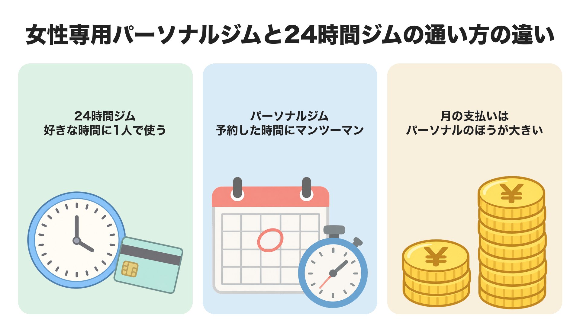 女性専用パーソナルジムと24時間ジムの通い方の違い。24時間ジムは好きな時間に1人で使う、パーソナルジムは予約した時間にマンツーマン、月の支払いはパーソナルのほうが大きい