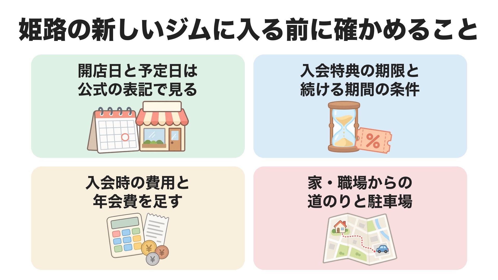 姫路の新しいジムに入る前に確かめること。開店日と予定日は公式の表記で見る、入会特典の期限と続ける期間の条件、入会時の費用と年会費を足す、家や職場からの道のりと駐車場