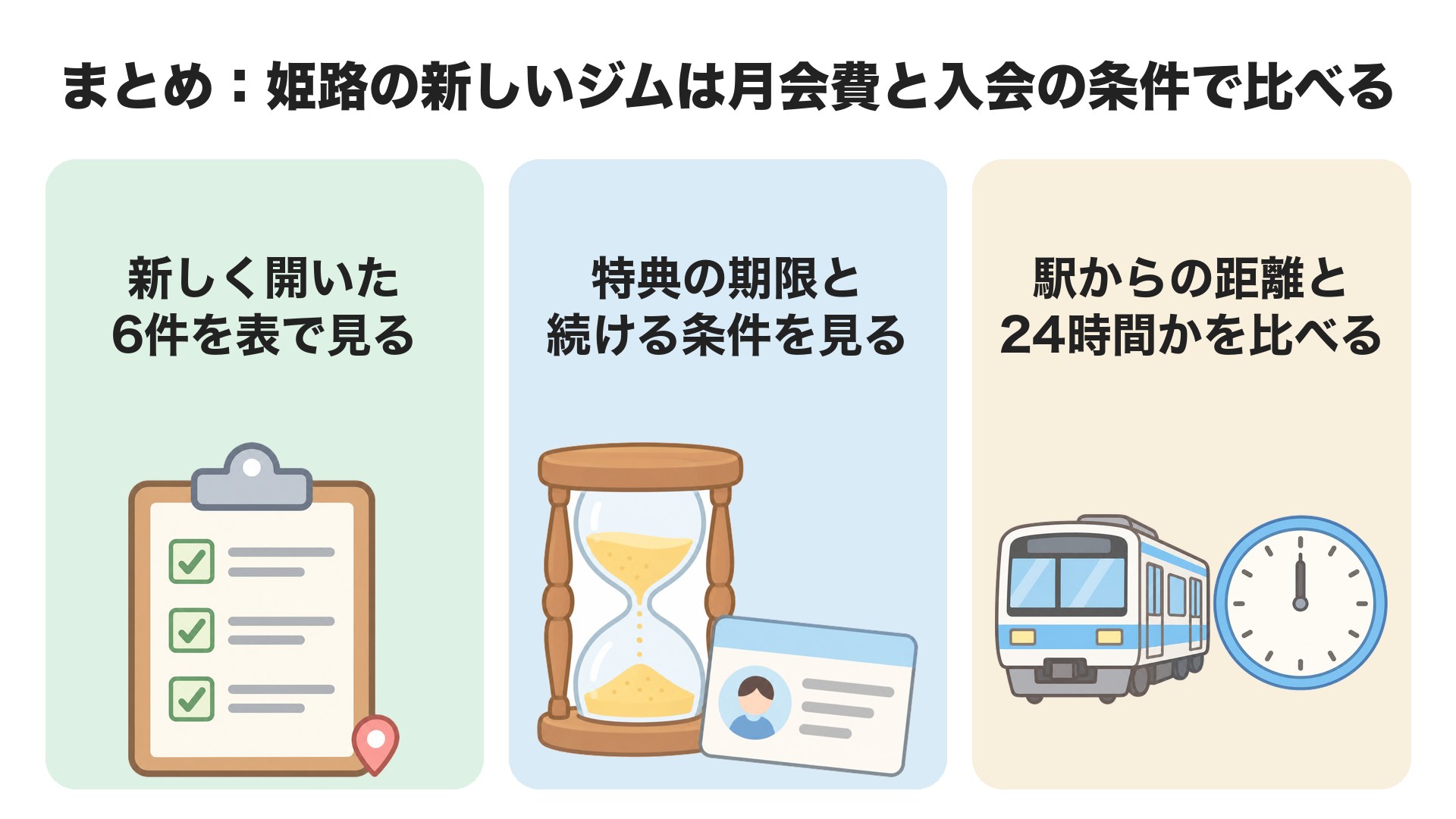 まとめ。新しく開いた6件を表で見る、特典の期限と続ける条件を見る、駅からの距離と24時間かを比べる