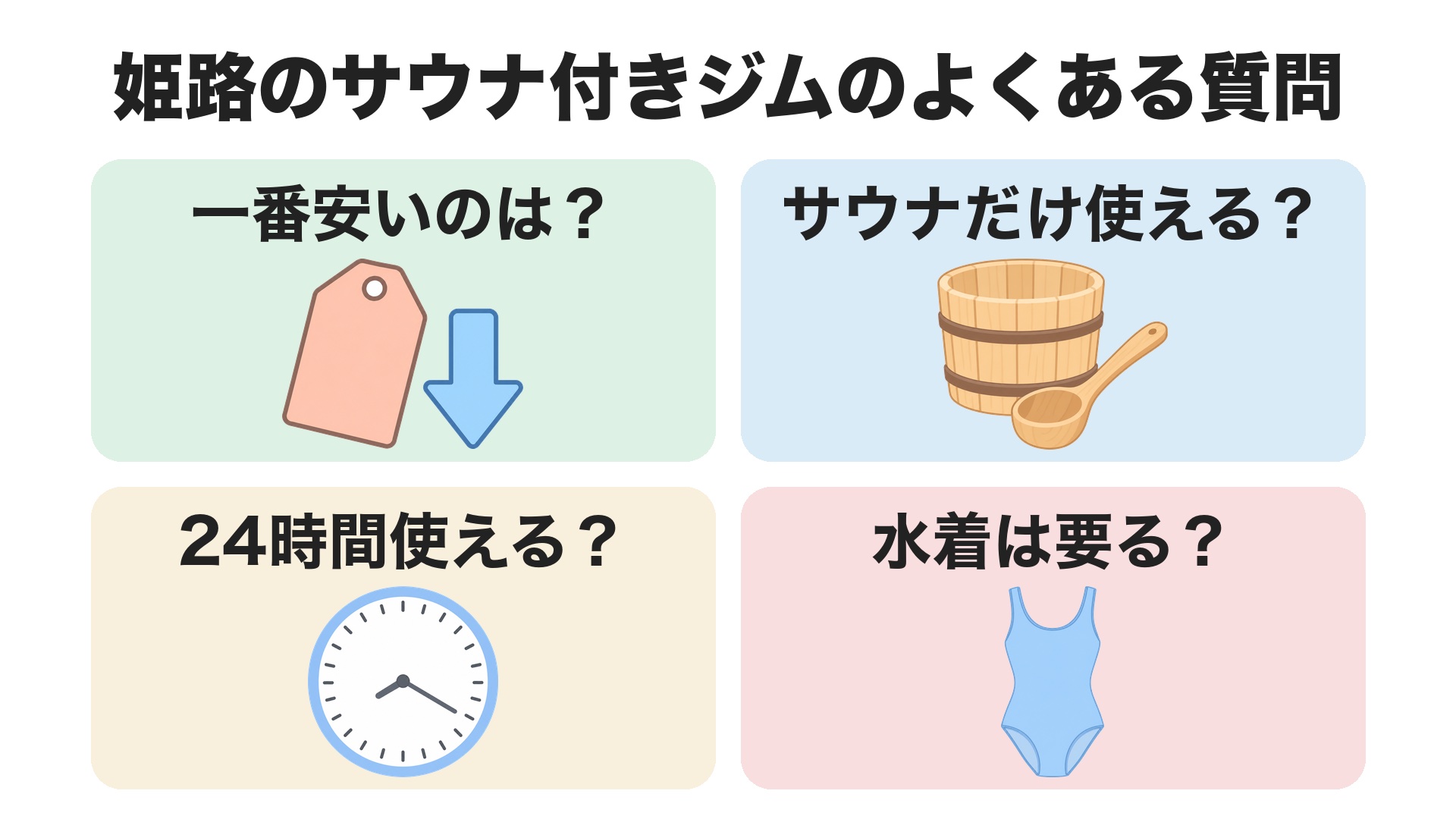 姫路のサウナ付きジムのよくある質問。一番安いのは、サウナだけ使えるか、24時間使えるか、水着は要るか