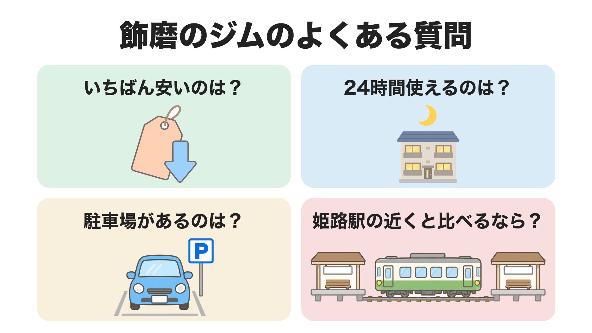飾磨のジムのよくある質問。いちばん安いのは、24時間使えるのは、駐車場があるのは、姫路駅の近くと比べるなら