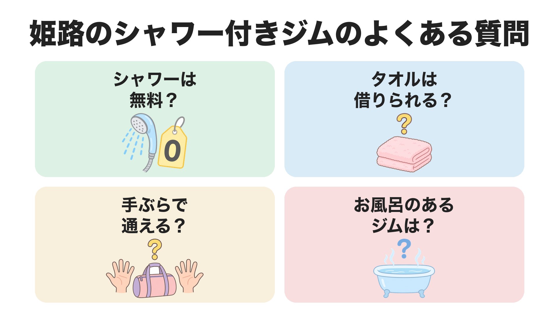 姫路のシャワー付きジムのよくある質問。シャワーは無料か、タオルは借りられるか、手ぶらで通えるか、お風呂のあるジムは