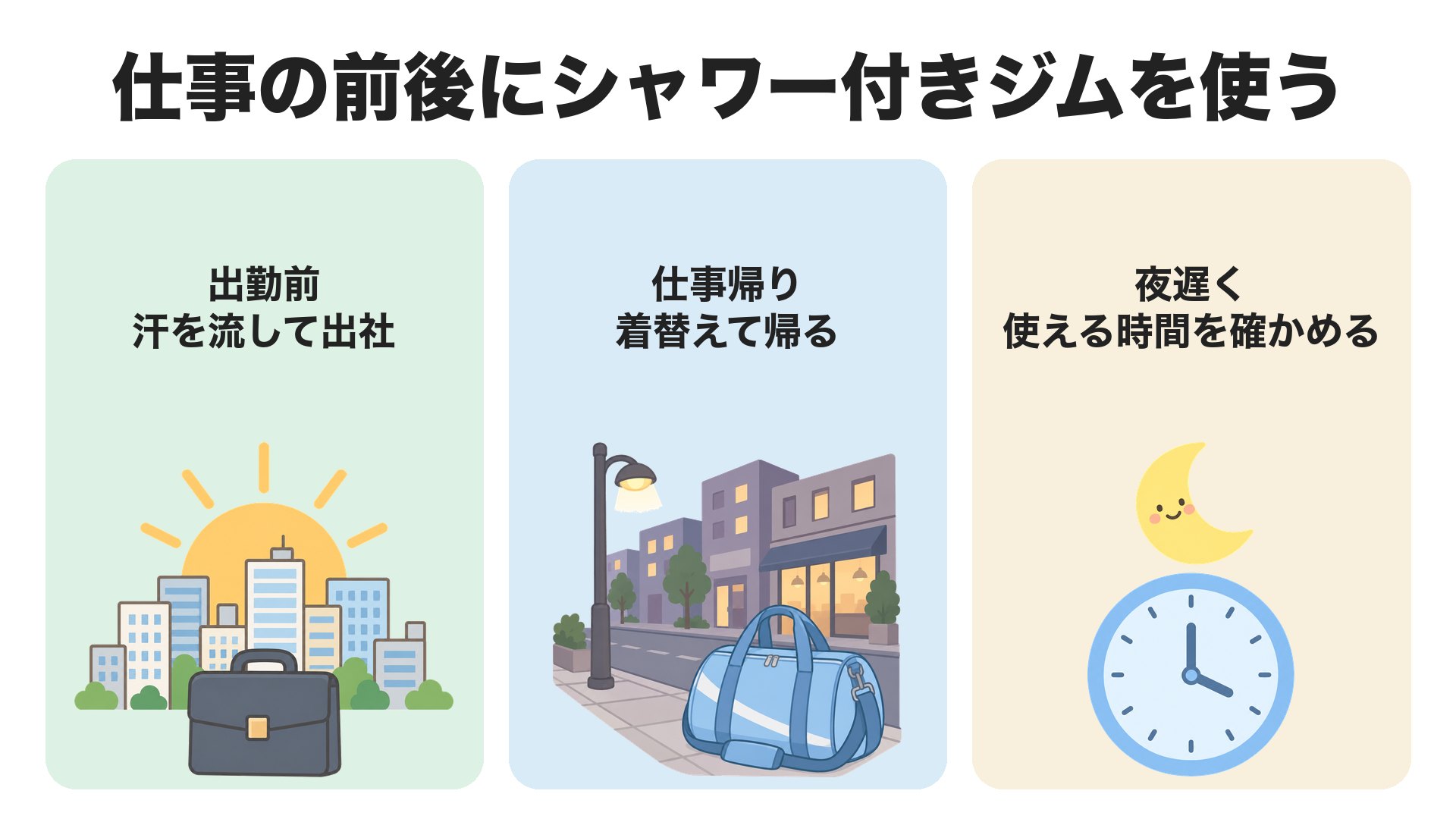 仕事の前後にシャワー付きジムを使う。出勤前に汗を流して出社、仕事帰りに着替えて帰る、夜遅くは使える時間を確かめる