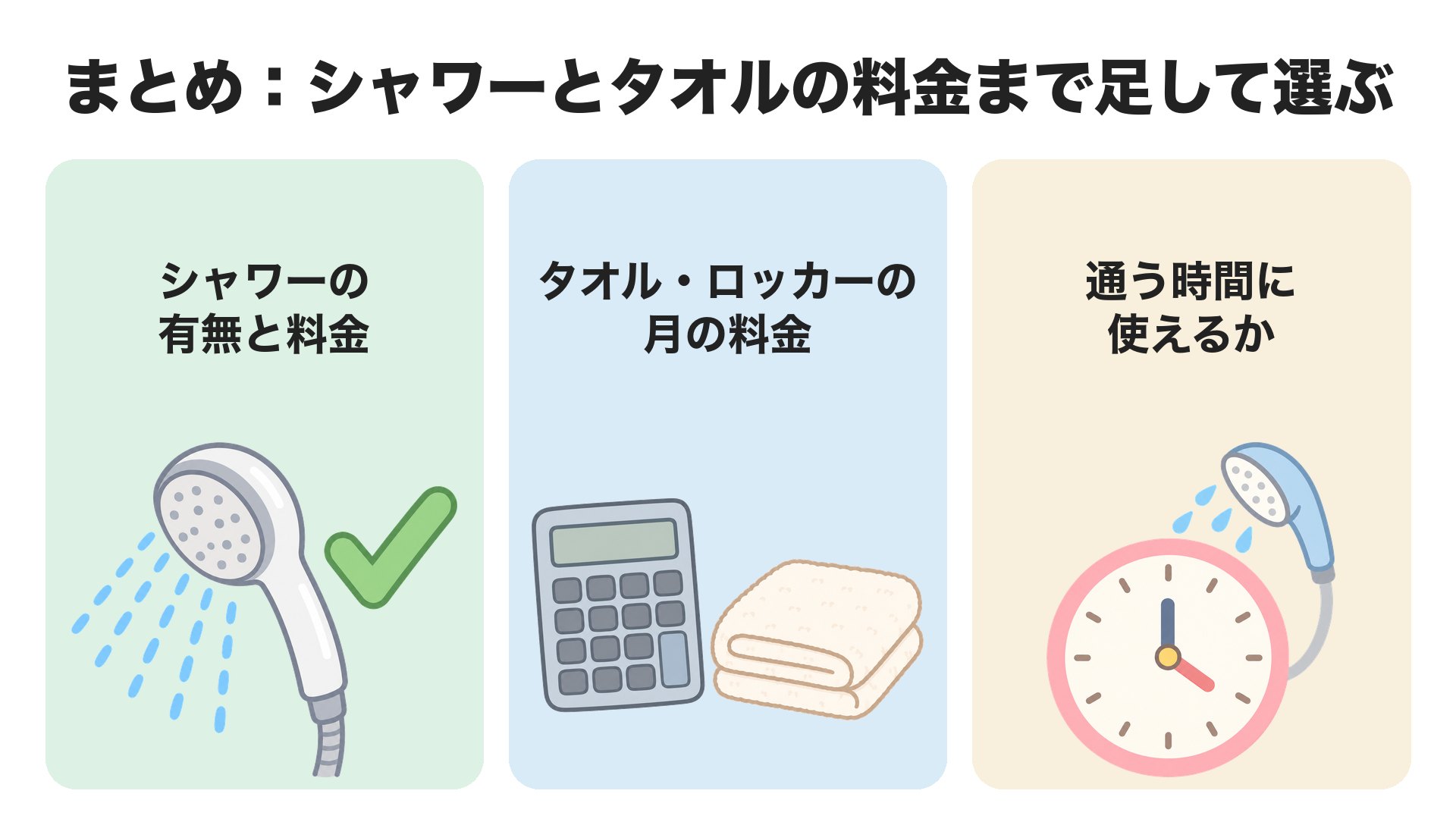 まとめ。シャワーの有無と料金、タオルとロッカーの月の料金、通う時間に使えるかを確かめて選ぶ