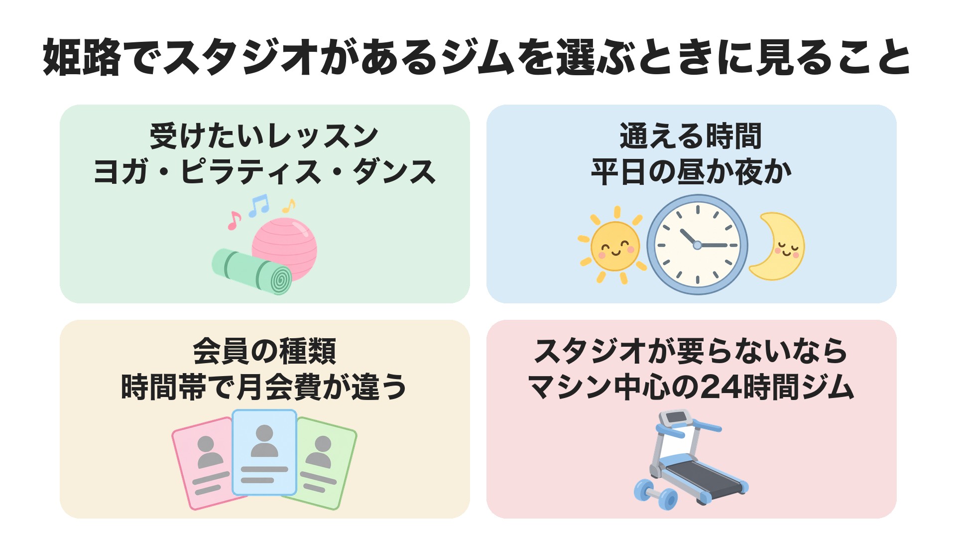 姫路でスタジオがあるジムを選ぶときに見ること。受けたいレッスン(ヨガ・ピラティス・ダンス)、通える時間(平日の昼か夜か)、会員の種類(時間帯で月会費が違う)、スタジオが要らないならマシン中心の24時間ジム